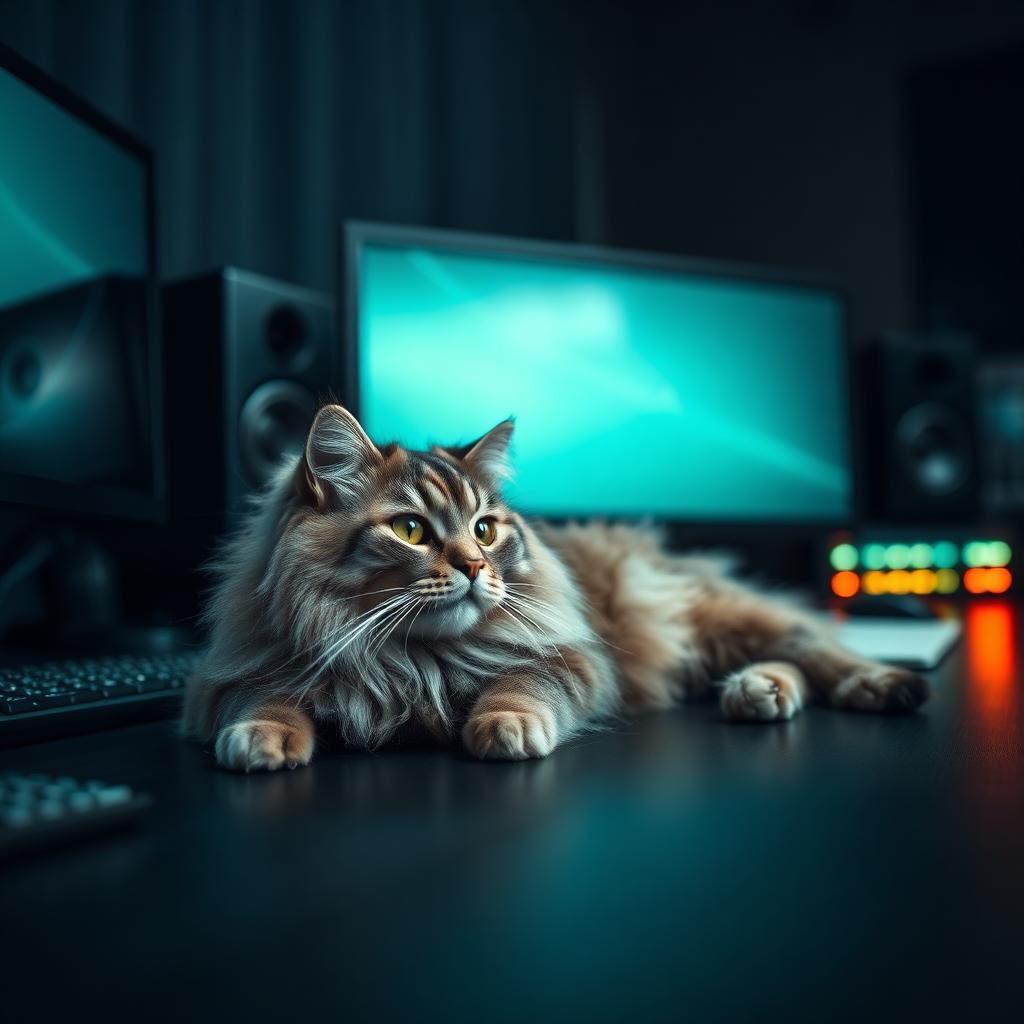 Fluffy tabby cat resting beside glowing editing monitors