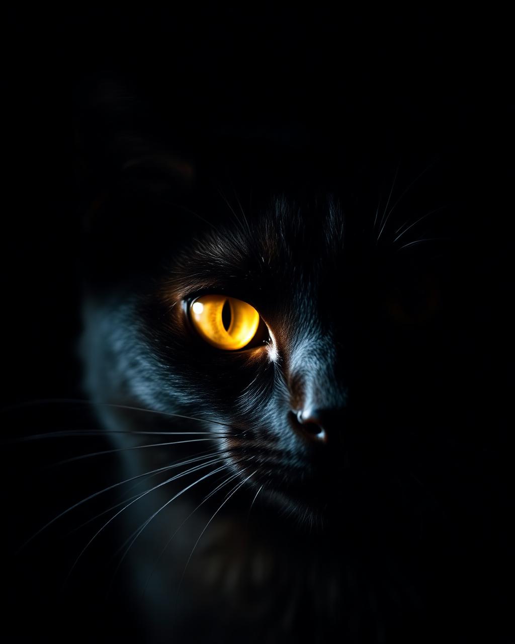 Close-up of a black cat with warm amber eyes