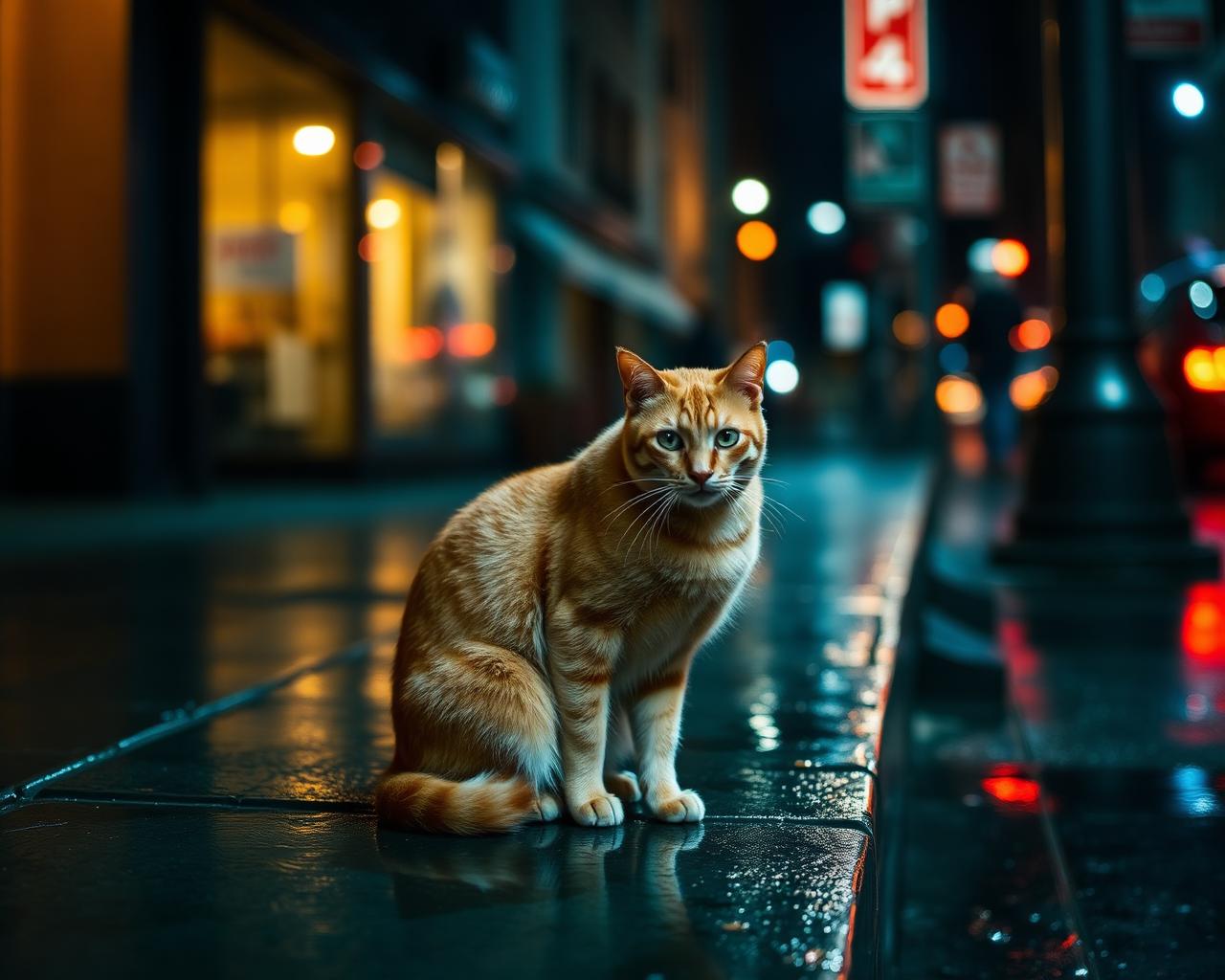 Ginger street cat sitting on a wet pavement at night