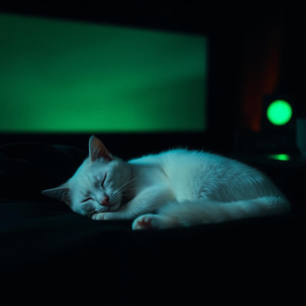 White cat curled asleep on a dark blanket