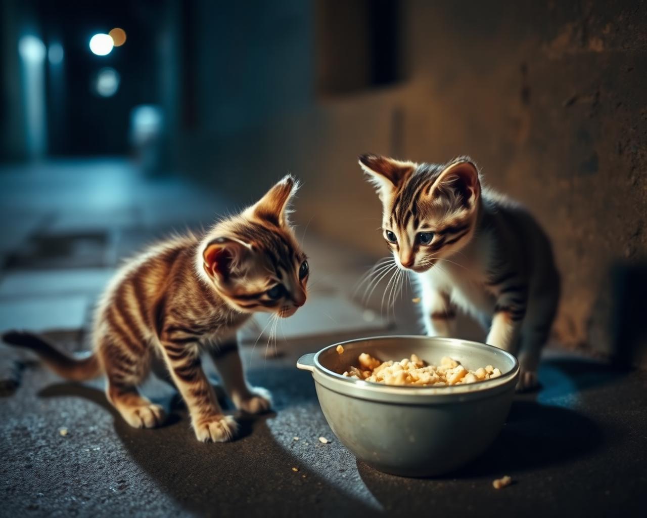 Two stray kittens eating from a bowl in a dim alley