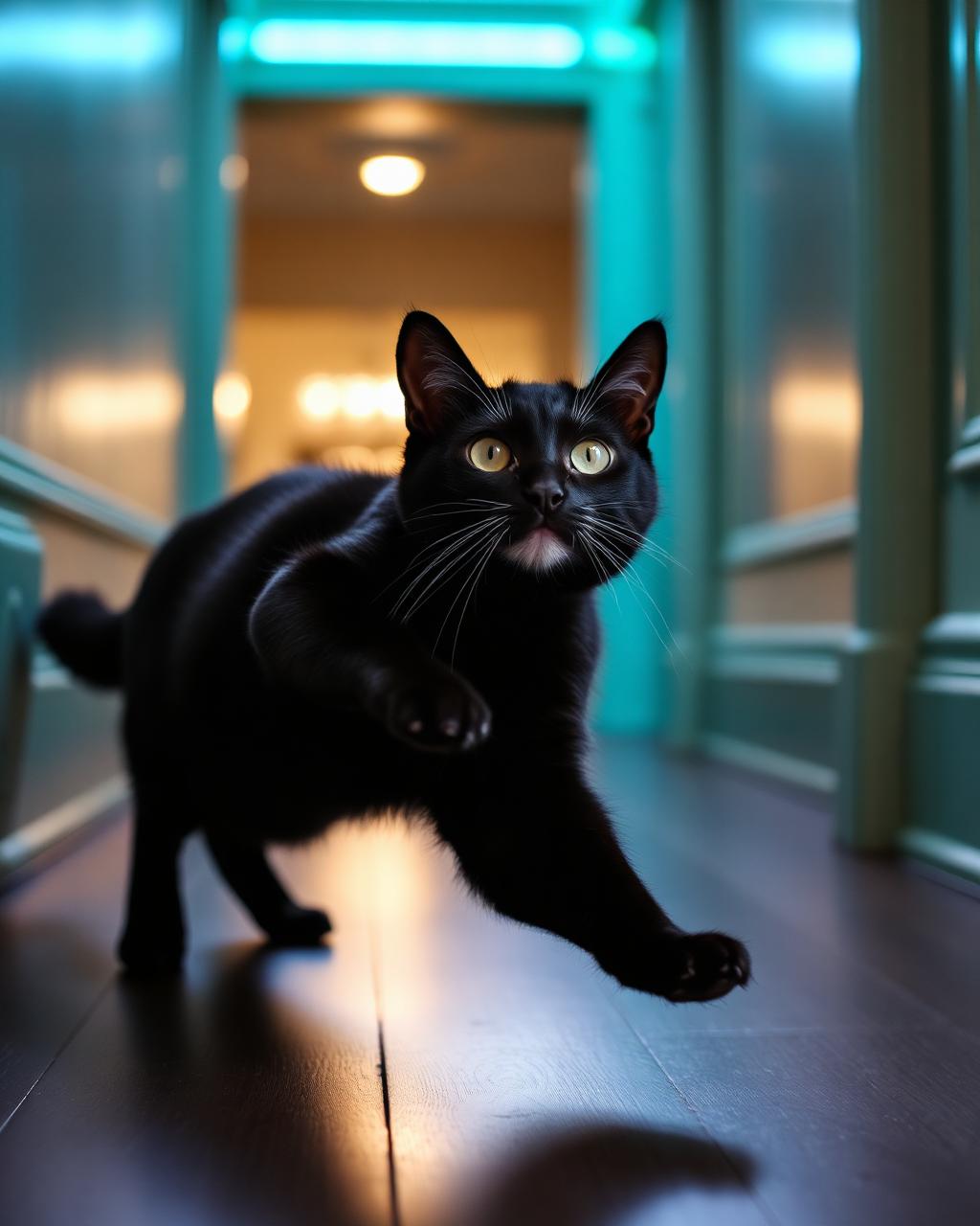 Black cat stretching on a dark wooden floor