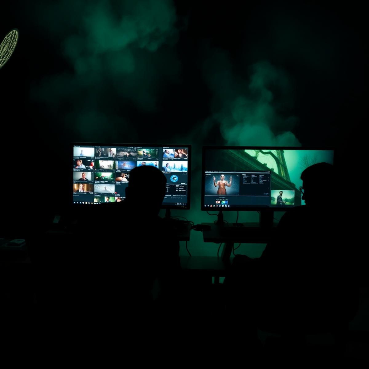 Editors reviewing footage together in a dark post-production suite