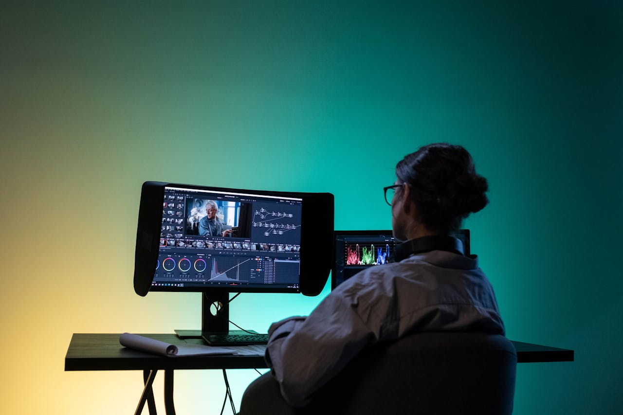 A female video editor working on a project in a dimly lit room, focusing on color correction.